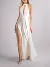 A-line Halter Chiffon Floor-length Wedding Dress With Split Front #Milly00027765