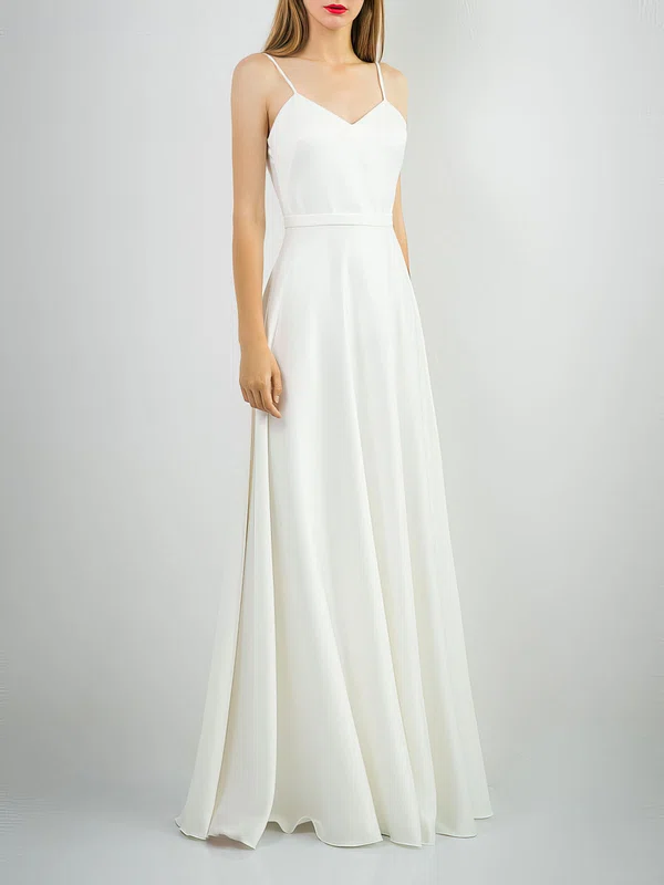 A-line V-neck Satin Chiffon Floor-length Wedding Dress #Milly00027767