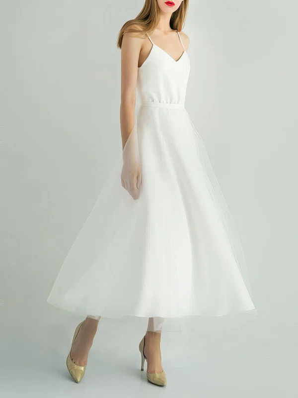 A-line V-neck Tulle Ankle-length Wedding Dress #Milly00027769