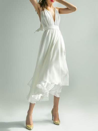 A-line V-neck Chiffon Ankle-length Wedding Dress With Bow #Milly00027771