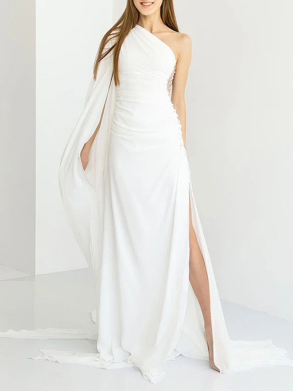 Sheath/Column One Shoulder Chiffon Sweep Train Wedding Dress With Split Front #Milly00027775