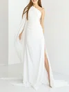 Sheath/Column One Shoulder Chiffon Sweep Train Wedding Dress With Split Front #Milly00027775