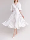 A-line V-neck Chiffon Tea-length Wedding Dress #Milly00027791