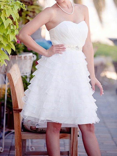 Sweet White Organza Tiered Sweetheart With Sashes/Ribbons Knee-length Wedding Dresses #00020562