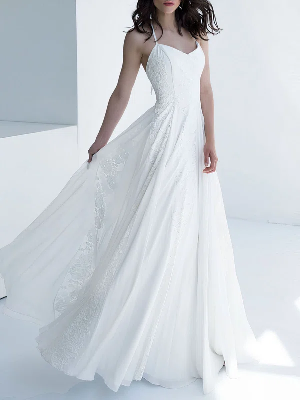 A-line V-neck Chiffon Floor-length Wedding Dress With Appliques Lace #Milly00027803