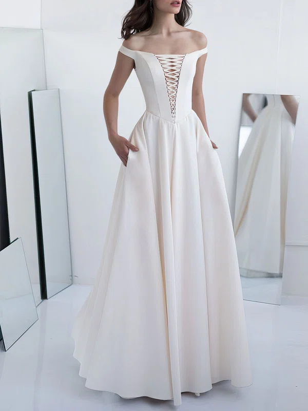 A-line Off-the-shoulder Satin Floor-length Wedding Dress #Milly00027804