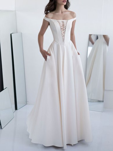 A-line Off-the-shoulder Satin Floor-length Wedding Dress #Milly00027804