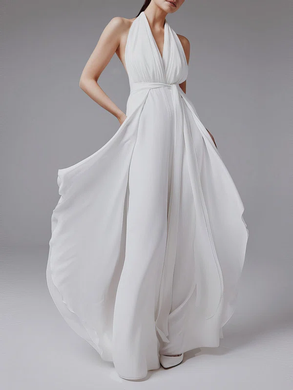 Sheath/Column Halter Chiffon Floor-length Wedding Dress With Ruffles #Milly00027806