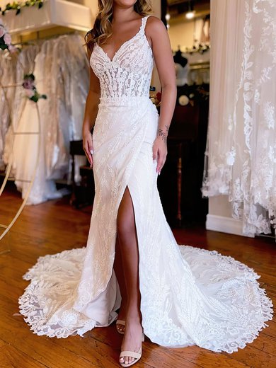 Sheath/Column V-neck Lace Sweep Train Wedding Dress With Split Front #Milly00027811