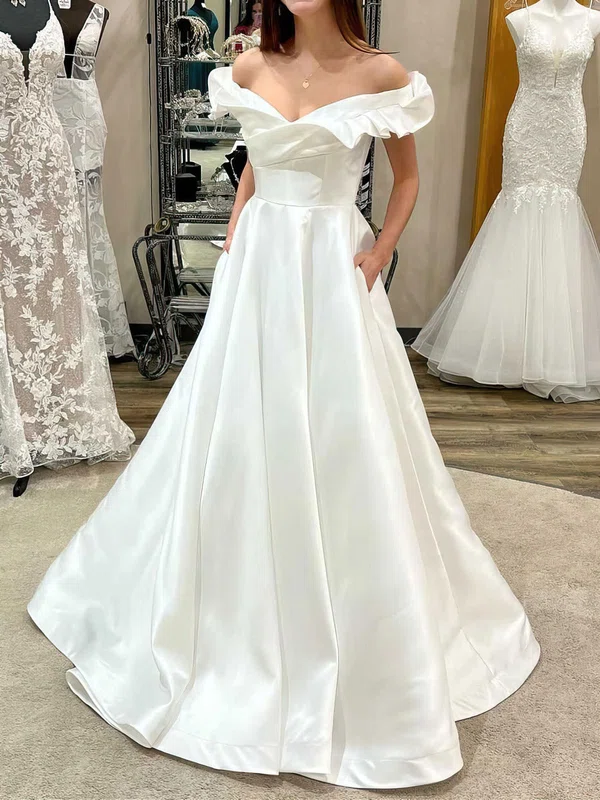 Ball Gown/Princess Off-the-shoulder Satin Sweep Train Wedding Dress #Milly00027814