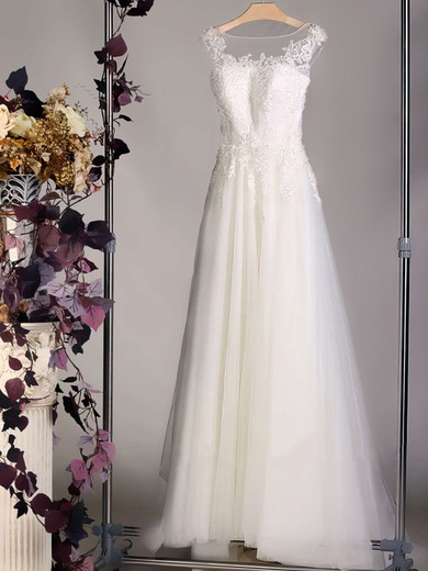 Scoop Neck Tulle Appliques Lace Court Train Amazing Ivory Wedding Dress #00020564