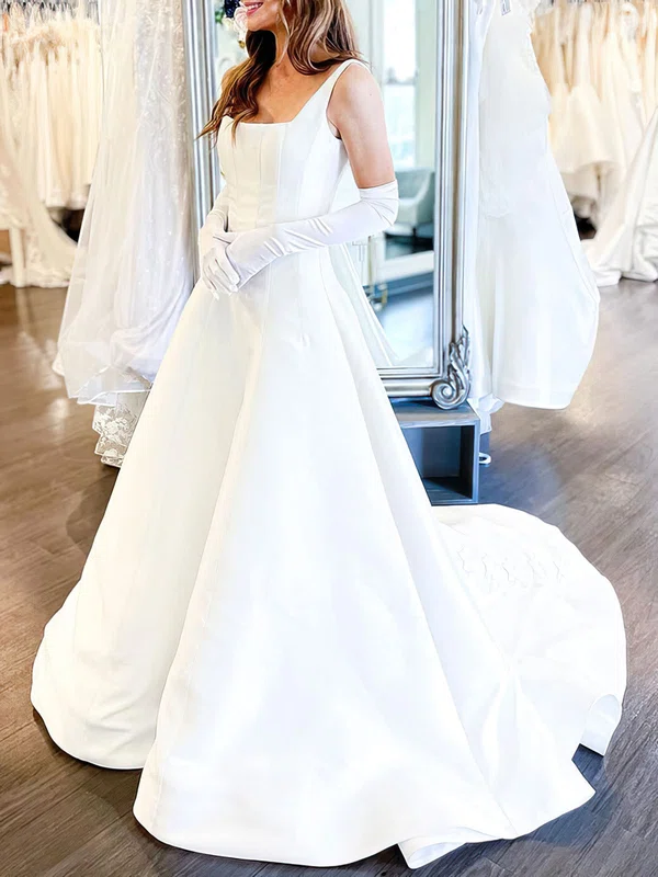 Ball Gown/Princess Square Neckline Satin Court Train Wedding Dress With Bow #Milly00027826