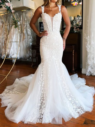 Trumpet/Mermaid Off-the-shoulder Tulle Court Train Wedding Dress With Appliques Lace #Milly00027829