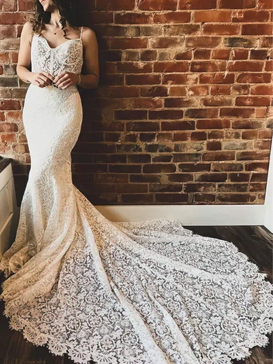 Trumpet/Mermaid V-neck Lace Court Train Wedding Dress #Milly00027837