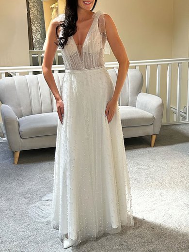 A-line V-neck Tulle Sweep Train Wedding Dress With Pearl Detailing #Milly00027846