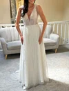 A-line V-neck Tulle Sweep Train Wedding Dress With Pearl Detailing #Milly00027846