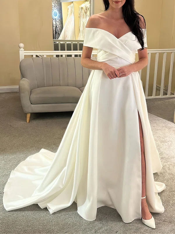 Ball Gown/Princess Off-the-shoulder Satin Court Train Wedding Dress With Split Front #Milly00027847