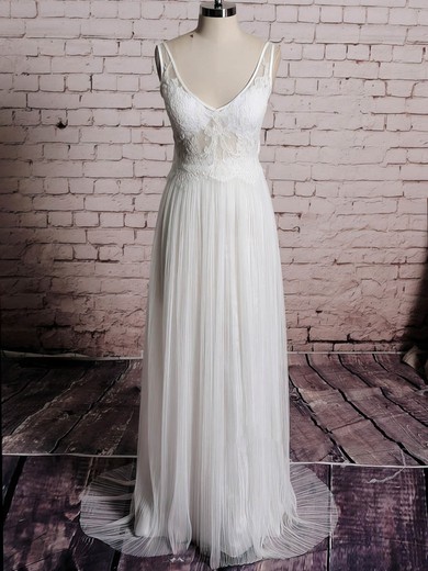 Tulle V-neck Appliques Lace Ivory Open Back Sheath/Column Wedding Dress #00020567