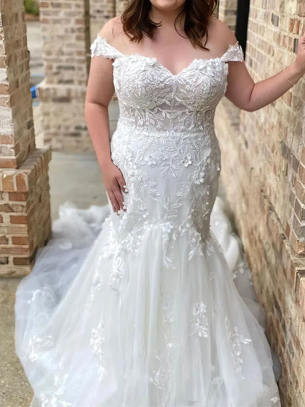 Trumpet/Mermaid Off-the-shoulder Tulle Chapel Train Wedding Dress With Appliques Lace #Milly00028063