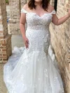 Trumpet/Mermaid Off-the-shoulder Tulle Chapel Train Wedding Dress With Appliques Lace #Milly00028063