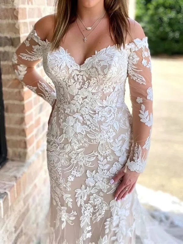 Trumpet/Mermaid Off-the-shoulder Tulle Chapel Train Wedding Dress With Appliques Lace #Milly00028065