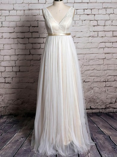 V-neck Tulle Lace with Sashes/Ribbons Noble Ivory Floor-length Wedding Dress #00020570