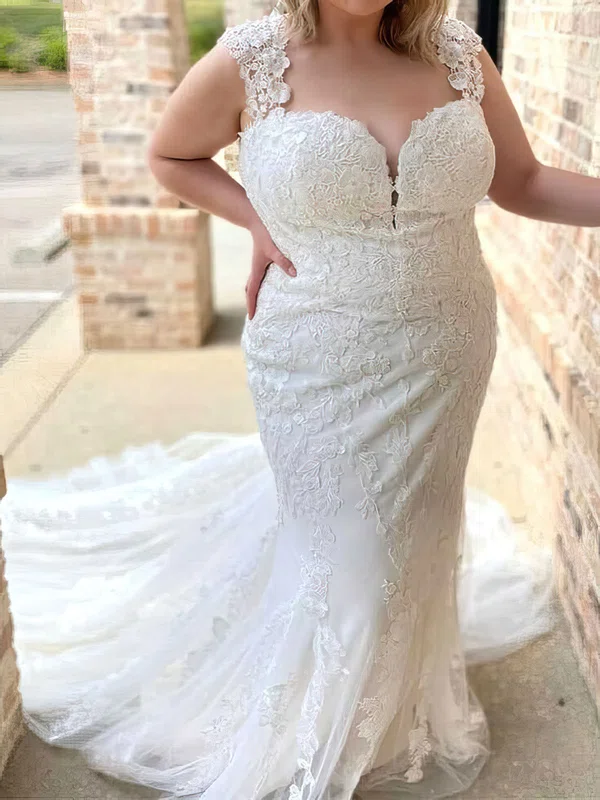 Trumpet/Mermaid Sweetheart Tulle Court Train Wedding Dress With Appliques Lace #Milly00028080