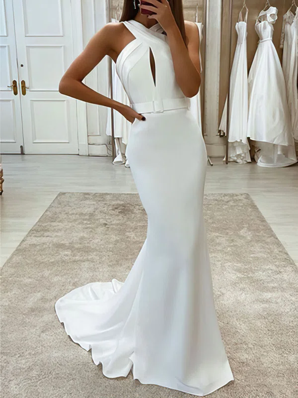 Trumpet/Mermaid V-neck Stretch Crepe Sweep Train Wedding Dress #Milly00028092