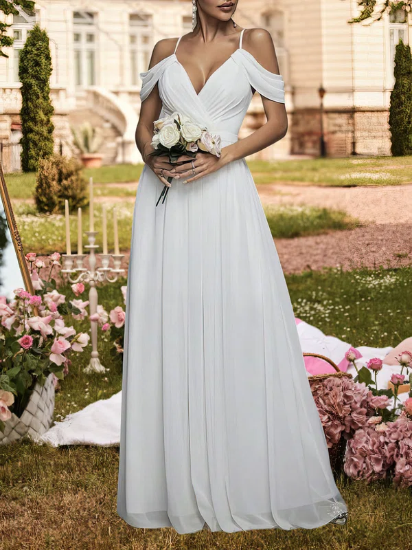 A-line V-neck Chiffon Floor-length Wedding Dress With Ruched #Milly00028119