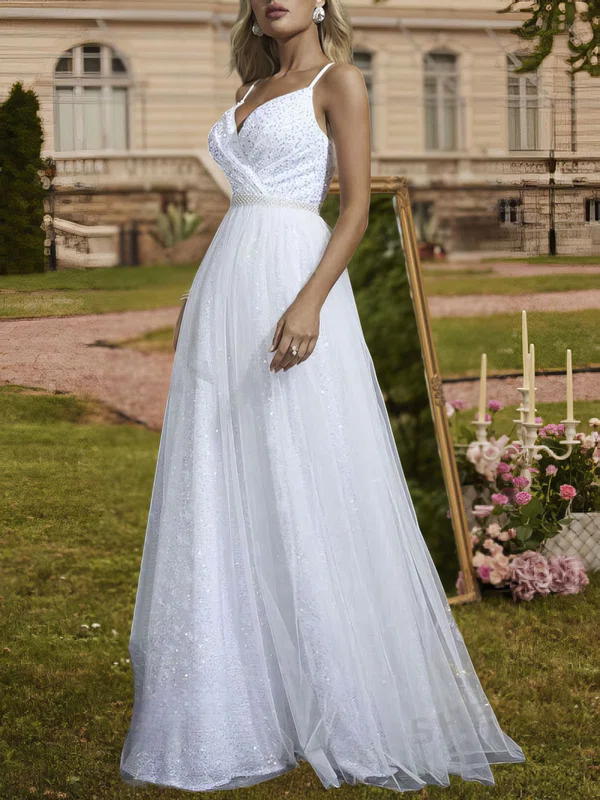 Ball Gown/Princess V-neck Tulle Velvet Sequin Floor-length Wedding Dress #Milly00028121