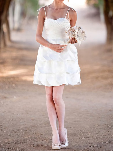 Cute Tiered White Satin Spaghetti Straps And Sweetheart Short/Mini Wedding Dress #00020575