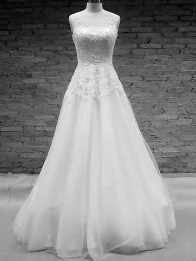 White Tulle with Appliques Lace Scoop Neck Court Train Fashion Wedding Dress #00020576