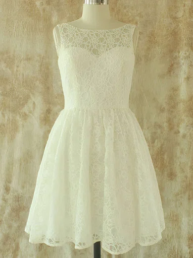 Scoop Neck Sashes / Ribbons Covered Button Knee-length Lace Wedding Dresses #00020580
