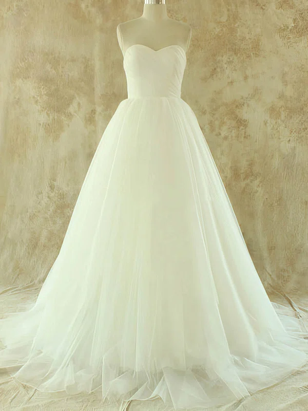 Simple Court Train White Tulle Lace-up Sweetheart Wedding Dress #00020581