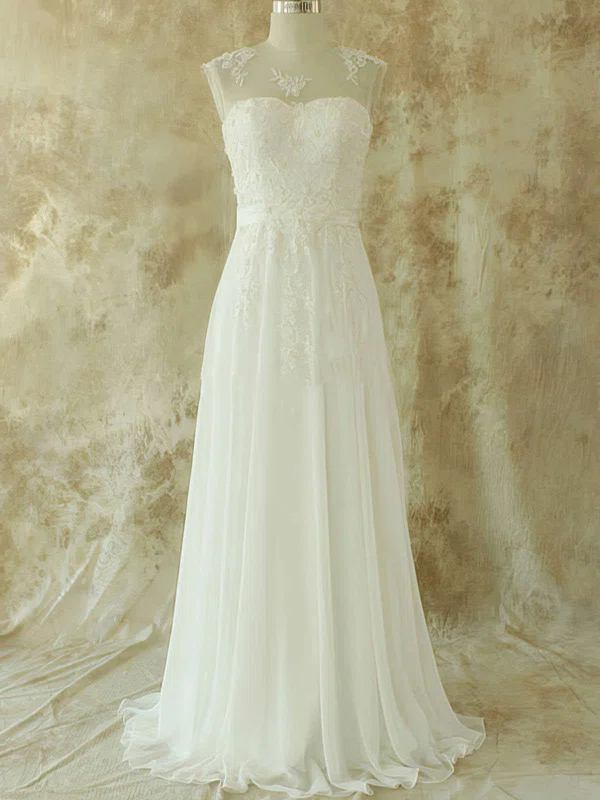 A-line Illusion Chiffon Sweep Train Wedding Dresses With Appliques Lace #00020582