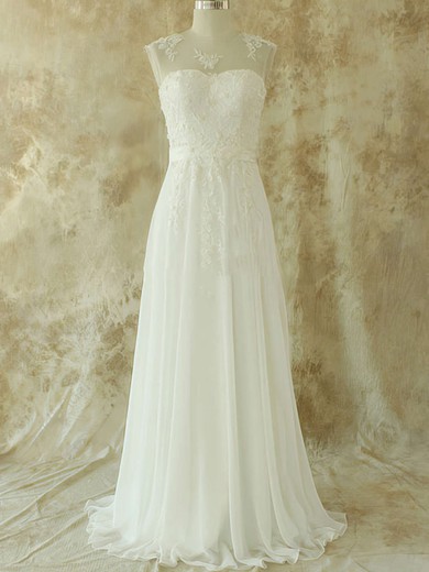 Ivory Chiffon Appliques Lace Sweep Train Scoop Neck New Style Wedding Dresses #00020582