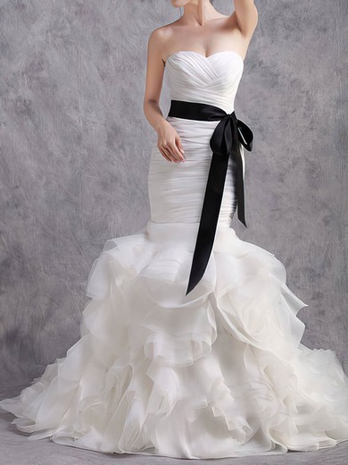 Trumpet/Mermaid Sweetheart Tiered White Organza With Black Sashes/Ribbons Unusual Wedding Dresses #00020584