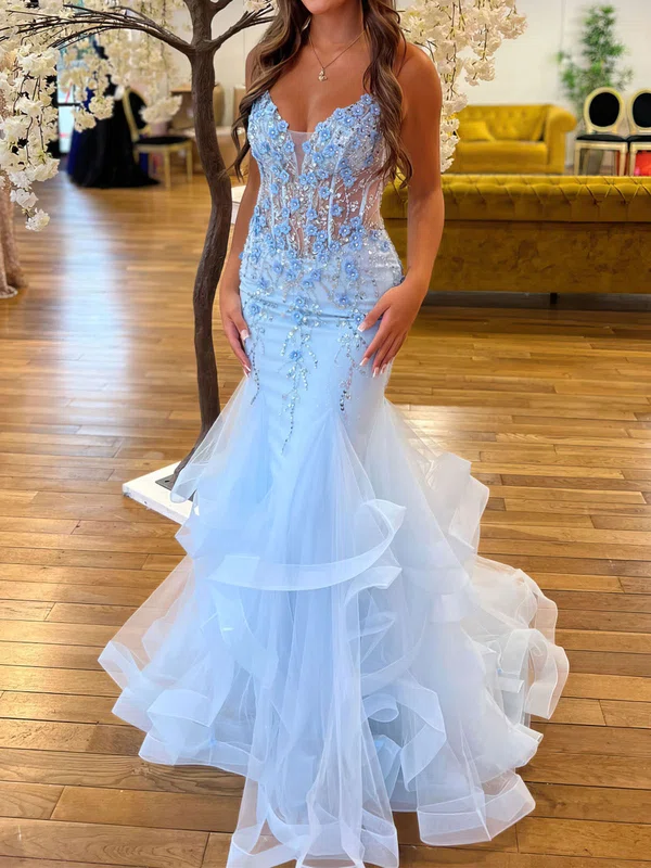 Mermaid V-neck Tulle Tiered Prom Dresses With Appliques #Milly020122092