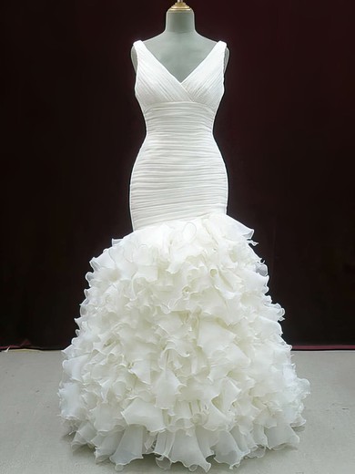 Ivory Organza Tiered Trendy V-neck Trumpet/Mermaid Wedding Dresses #00020604
