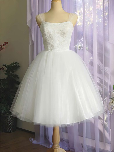 Pretty White Satin Tulle Square Neckline Appliques Lace Knee-length Wedding Dress #00020612