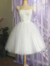 Pretty White Satin Tulle Square Neckline Appliques Lace Knee-length Wedding Dress #00020612