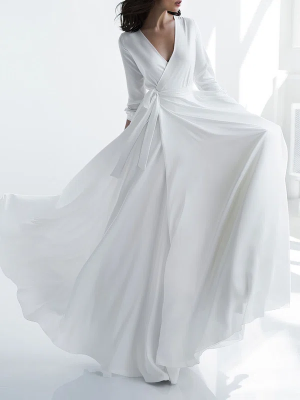 A-line V-neck Chiffon Floor-length Wedding Dress #Milly00027856