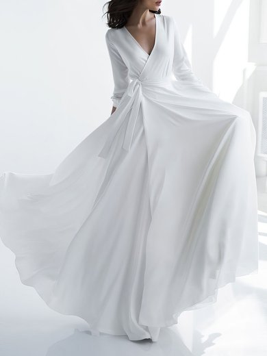 A-line V-neck Chiffon Floor-length Wedding Dress #Milly00027856