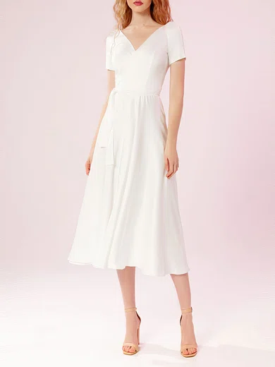A-line V-neck Chiffon Tea-length Wedding Dress #Milly00027862