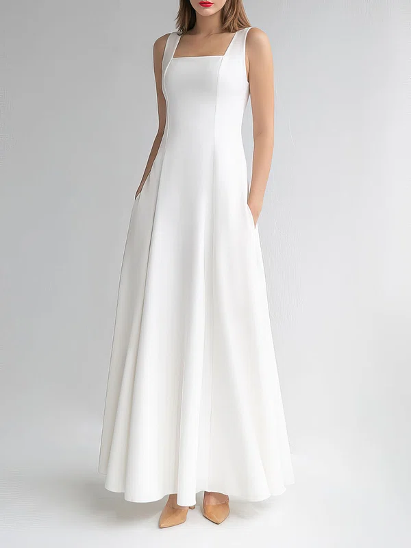 A-line Square Neckline Stretch Crepe Floor-length Wedding Dress #Milly00027864