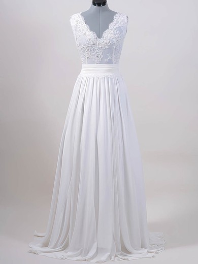 Affordable Sweep Train White Lace Chiffon Sashes / Ribbons V-neck Wedding Dresses #00020615
