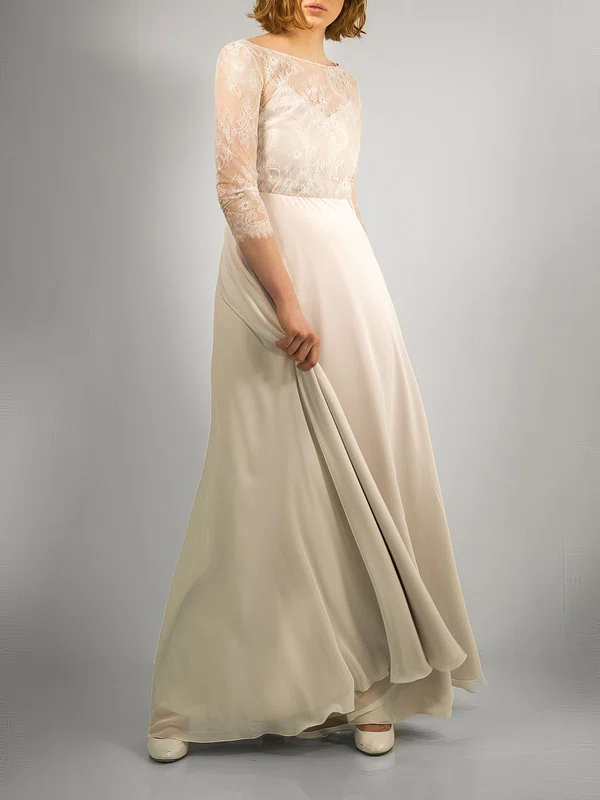 A-line Illusion Lace Chiffon Floor-length Wedding Dress #Milly00027872