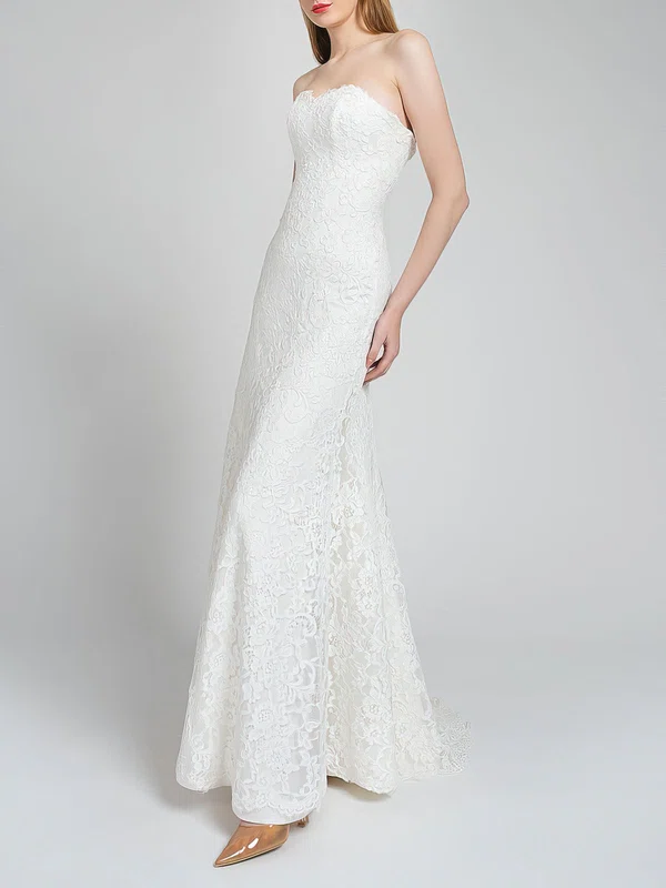 Sheath/Column Sweetheart Lace Sweep Train Wedding Dress #Milly00027879