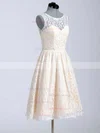 Scoop Neck Champagne Lace Covered Button Knee-length Cute Wedding Dresses #00020616