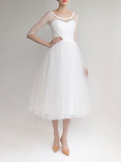 Ball Gown/Princess Illusion Tulle Tea-length Wedding Dress #Milly00027881